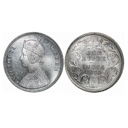 Victoria Queen, Silver, Rupee, 1875, Calcutta Mint, A1/I, No mint mark, Top stroke of nume