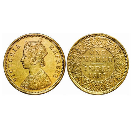 Victoria, Empress, Gold, Mohur, 1881, Two flower type and 'V' in relief. F. Prid 18. Extre