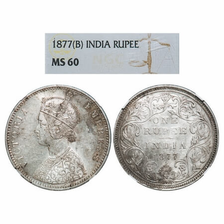 Victoria Empress, Silver, Rupee, 1877, Bombay Mint, A2/II, Dot. F. Prid 149. GK 435. NGC S