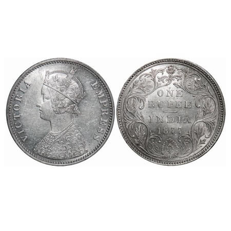 Victoria Empress, Silver, Rupee, 1877, Bombay Mint, A3/II(i), Dot, Thin numeral 77. F. Pri