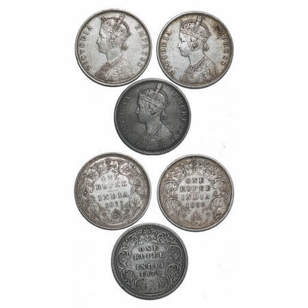 Victoria Empress, Silver, Rupee, (3 coins), 1) 1877, Bombay Mint, A3/II(i), Dot, 2) 1879, 