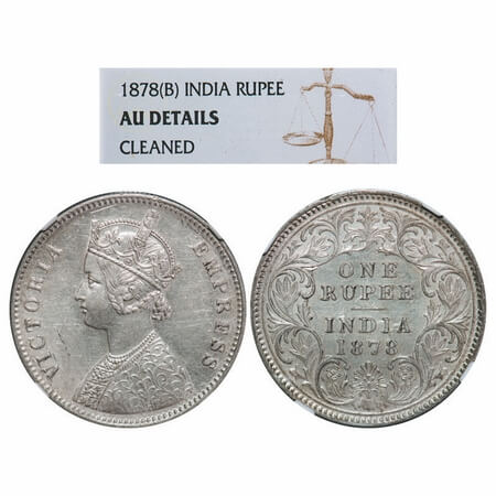 Victoria Empress, Silver, Rupee, 1878, Calcutta Mint, A1/I, No mint mark. F. Prid. 116. GK