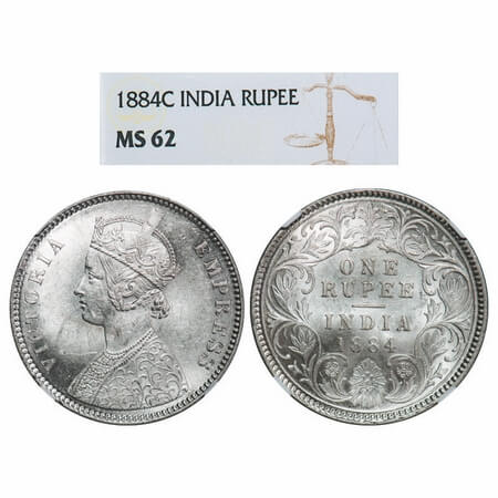 Victoria Empress, Silver, Rupee, 1884, Calcutta Mint, A1/I, 'C' incused. F. Prid 123. GK 4