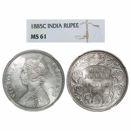 Victoria Empress, Silver, Rupee, 1885, Calcutta Mint, A1/I, 'C' incused, Top stroke of num