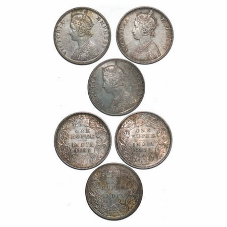 Victoria Empress, Silver, Rupee, (3 coins), 1) 1887, Bombay Mint, A3/I(i), 'B' incused, 'B