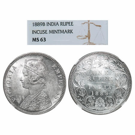 Victoria Empress, Silver, Rupee, 1889, Bombay Mint, C2/I, 'B' incused. F. Prid 177. GK 564