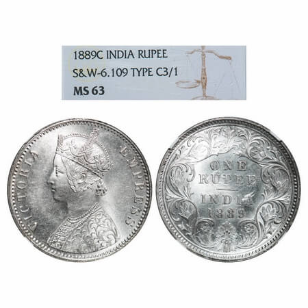 Victoria Empress, Silver, Rupee, 1889, Calcutta Mint, C3/I(i), 'C' incused. F. Prid 130. G