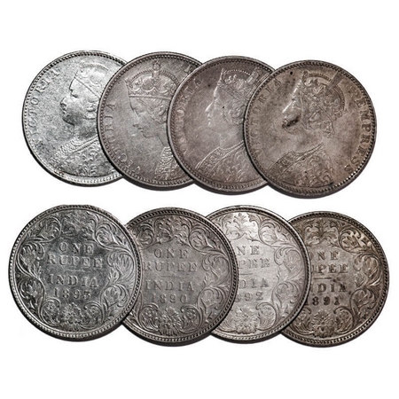 Victoria Empress, Silver, Rupee, (4 coins), 1) 1890, Bombay Mint, C2/I, 'B' incused, 2) 18