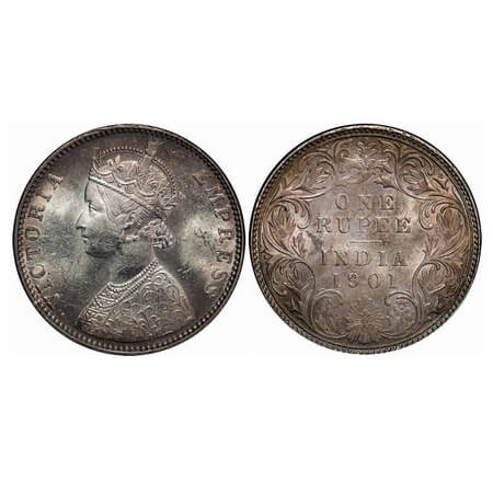 Victoria Empress, Silver, Rupee, 1901, Bombay Mint, A3(i)/I(ii), 'B' incued. GK 591. Brill