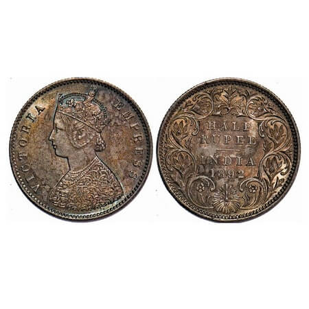 Victoria Empress, Silver, Half Rupee, 1892, Calcutta Mint, A/I, 'C' incued. F. Prid 276. G