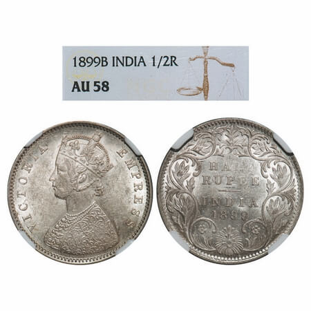 Victoria Empress, Silver, Half Rupee, 1899, Bombay Mint, A/I, 'B' incused, 'B' incused inv