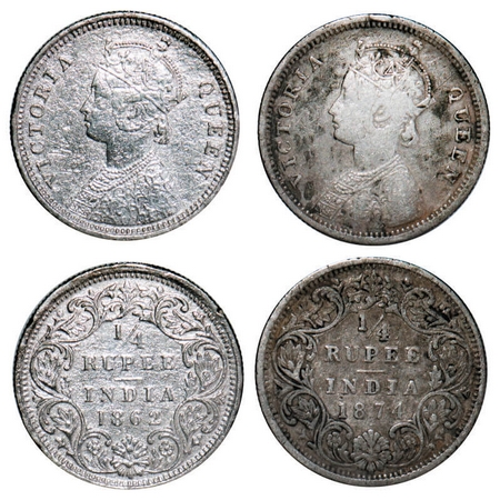 Victoria Queen, Silver, 1/4 Rupee, (2 coins), 1) 1862, Bombay Mint, A/I, 2) 1874, Bombay M