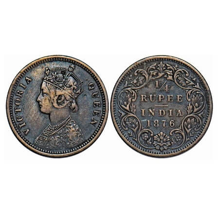 Victoria Queen, Silver, 1/4 Rupee, 1876, Bombay Mint, A/I, No dot. F. Prid 407. GK 668. Ex