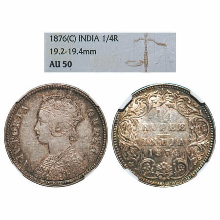 Victoria Queen, Silver, 1/4 Rupee, 1876, Calcutta Mint, A/I, No mint mark, No 'C'. F. Prid