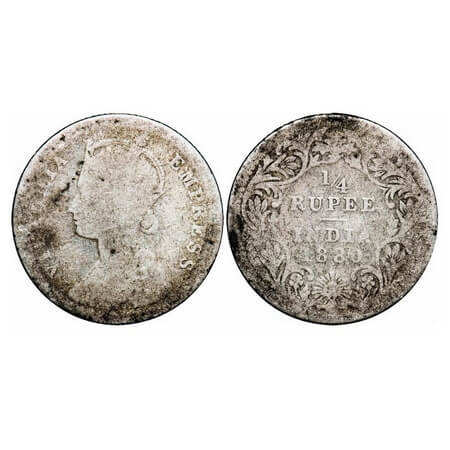Victoria Empress, Silver, 1/4 Rupee, 1880, Calcutta Mint, C/II, 'C' incused. F. Prid 385. 