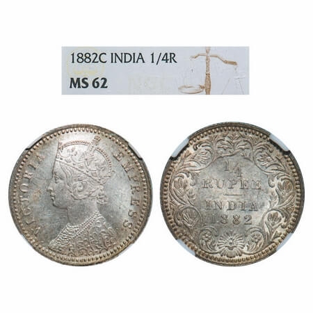 Victoria Empress, Silver, 1/4 Rupee, 1882, Calcutta Mint, C/II, 'C' incused. F. Prid 387. 