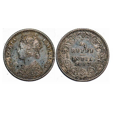 Victoria Empress, Silver, 1/4 Rupee, 1887, Bombay Mint, C(i)/II, 'B' raised. F. Prid 420. 