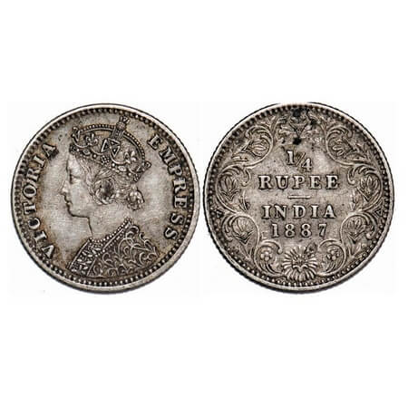 Victoria Empress, Silver, 1/4 Rupee, 1887, Bombay Mint, C(i)/II, 'B' raised. F. Prid 420. 