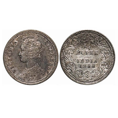 Victoria Empress, Silver, 1/4 Rupee, 1888, Calcutta Mint, C/II, No mint mark, No 'C'. F. P