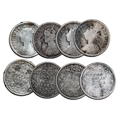 Victoria Queen & Empress, Silver, 2 Annas, (lot of 4 coins), 1) 1862, Calcutta Mint, A/I, 