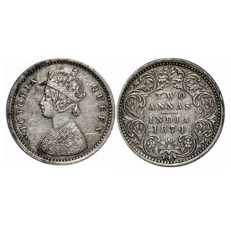 Victoria Queen, Silver, 2 Annas, 1874, Bombay Mint, A/I, No mint mark, No dot, Numeral 7 a