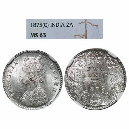 Victoria Queen, Silver, 2 Annas, 1875, Calcutta Mint, A/I, No mint mark. F. Prid 489. GK 7