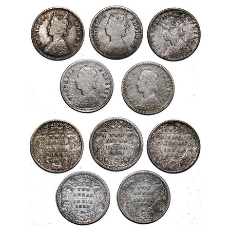 Victoria Queen & Empress, Silver, 2 Annas, (lot of 5 coins), 1) 1875, Calcutta Mint, A/I, 