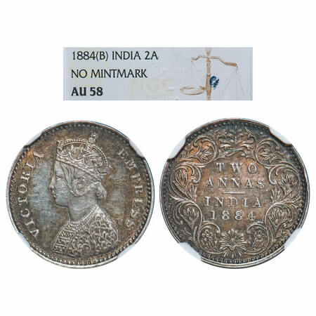 Victoria Empress, Silver, 2 Annas, 1884, Bombay Mint, A/I, No dot, Empress jabot is double