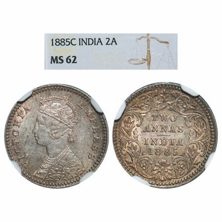 Victoria Empress, Silver, 2 Annas, 1885, Calcutta Mint, B/II, 'C' incused. F. Prid 500. GK