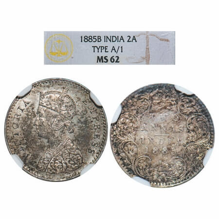 Victoria Empress, Silver, 2 Annas, 1885, Bombay Mint, A/I, 'B' raised. F. Prid 537. GK 777