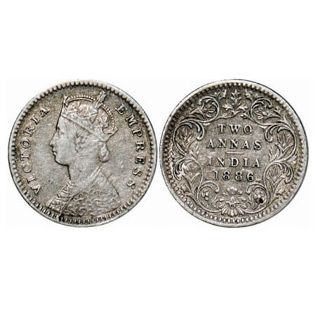 Victoria Empress, Silver, 2 Annas, 1886, Calcutta Mint, B/II, 'C' incused. F. Prid 501. GK
