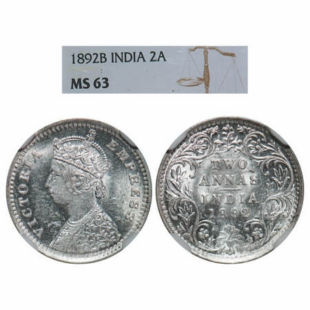Victoria Empress, Silver, 2 Annas, 1892, Bombay Mint, B/II, 'B' incused. F. Prid 547. GK 7