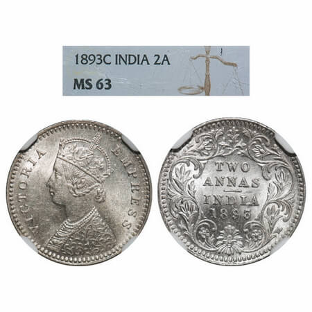 Victoria Empress, Silver, 2 Annas, 1893, Calcutta Mint, B/II, 'C' incused. F. Prid 508. GK