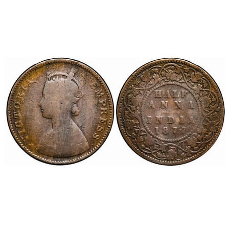 Victoria Empress, Copper, Half Anna, 1877, Bombay Mint, B/II. F. Prid. 586. GK 820. Fine. 