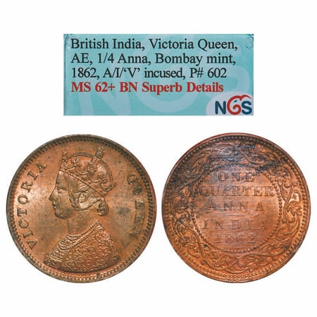 Victoria Queen, Copper, Quarter Anna, 1862, Bombay Mint, A/I, No mint mark, Tiny 'V' incus
