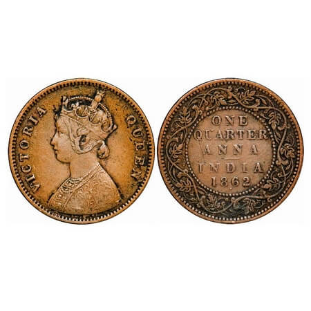 Victoria Queen, Copper, Quarter Anna, 1862, Bombay Mint, A/I, Dot, Tiny 'V' incused. F. Pr