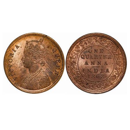 Victoria Queen, Copper, Quarter Anna, 1862, Madras Mint, A/I, No mint mark, Multiple die c