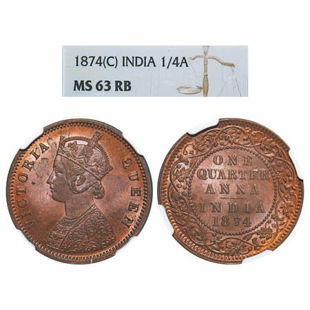Victoria Queen, Copper, Quarter Anna, 1874, Calcutta Mint, B/II, No mint mark. F. Prid 608