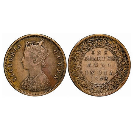 Victoria Queen, Copper, Quarter Anna, 1876, Calcutta Mint, B/II, No mint mark. F. Prid. 61
