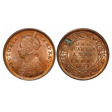 Victoria Empress, Copper, Quarter Anna, 1877, Calcutta Mint, B/II, No mint mark. F. Prid 9