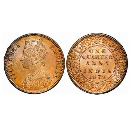 Victoria Empress, Copper, Quarter Anna, 1879, Calcutta Mint, B/II, 'C' incused. F. Prid 61