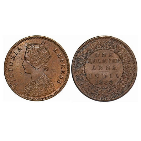 Victoria Empress, Copper, Quarter Anna, 1880, Calcutta Mint, B/II, No mint mark. F. Prid U