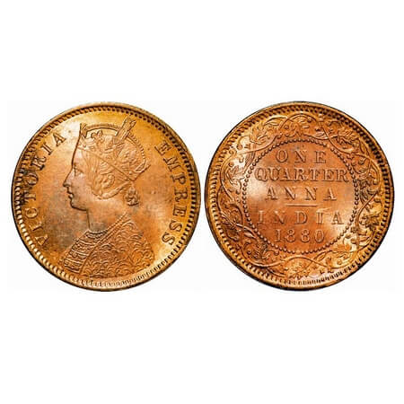 Victoria Empress, Copper, Quarter Anna, 1880, Calcutta Mint, B/II, 'C' incused. F. Prid 61