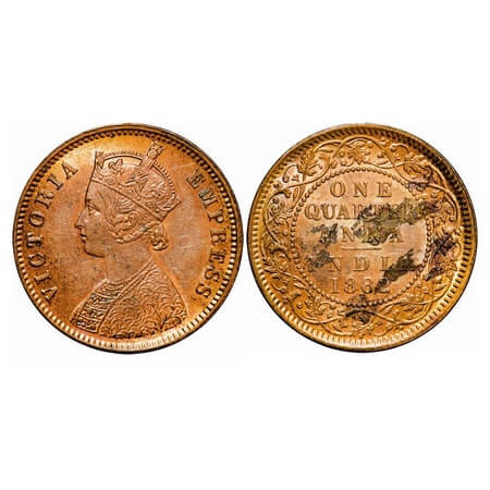 Victoria Empress, Copper, Quarter Anna, 1882, Calcutta Mint, B/II, 'C' incused, Die flaw o