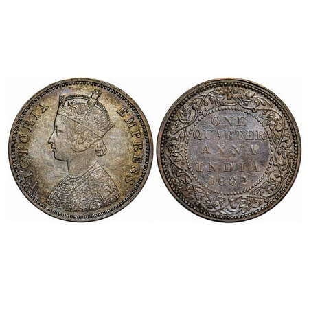 Victoria Empress, Copper, Quarter Anna, 1882, Bombay Mint, B/I, No mint mark. F. Prid. 638