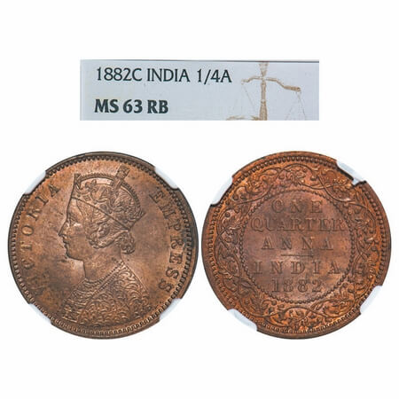 Victoria Empress, Copper, Quarter Anna, 1882, Calcutta Mint, B/II, 'C' incused. F. Prid 61