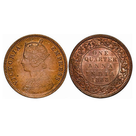 Victoria Empress, Copper, Quarter Anna, 1883, Bombay Mint, B/I, No mint mark. F. Prid 639.