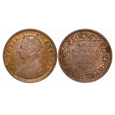 Victoria Empress, Copper, Quarter Anna, 1884, Bombay Mint, B/I, No mint mark. F. Prid 640.
