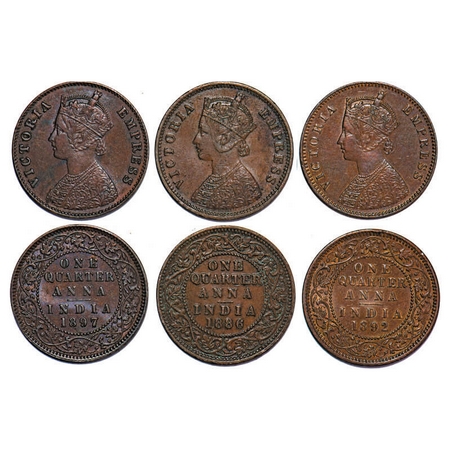 Victoria Empress, Copper, Quarter Anna, (3 coins), 1) 1886, Bombay Mint, B/I, No mint mark