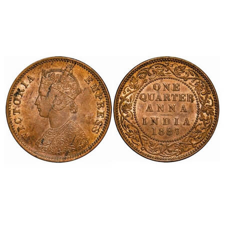 Victoria Empress, Copper, Quarter Anna, 1887, Bombay Mint, B/I, No mint mark. F. Prid 642.